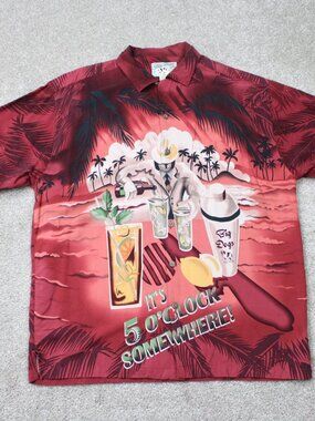 VTG Big Dogs Shirt Mens Medium Red Hawaiian Rayon Loop Collar Camp 2 Sided S/S
